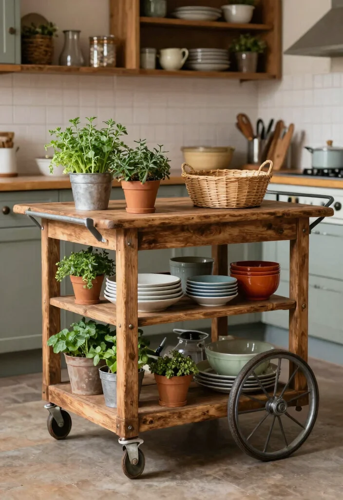 14 Farmhouse Kitchen Island Ideas with Rustic Charm 4. Vintage Cart Island 0