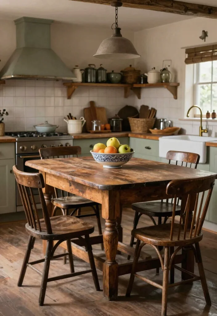 14 Farmhouse Kitchen Island Ideas with Rustic Charm 6. Antique Table as an Island 0