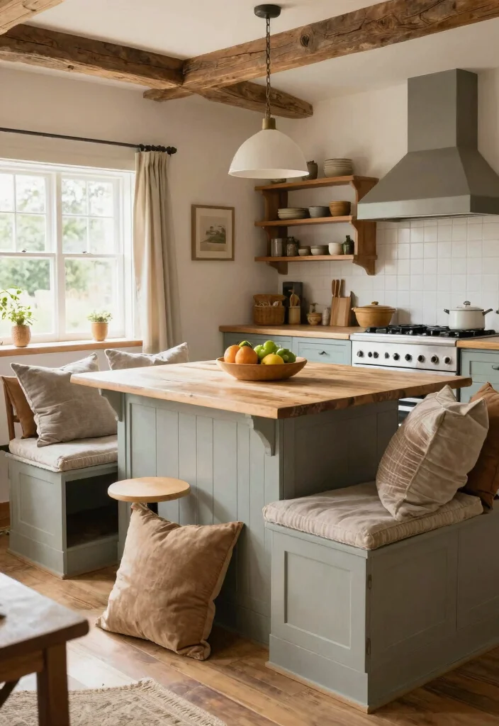 14 Farmhouse Kitchen Island Ideas with Rustic Charm 8. Farmhouse Style with Built In Seating 0