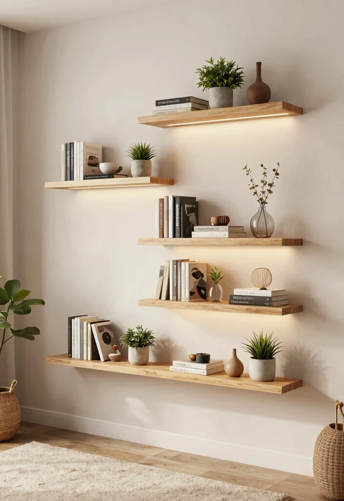 14 Living Room Ideas for Small Spaces That Work 3. Wall Mounted Shelves 0
