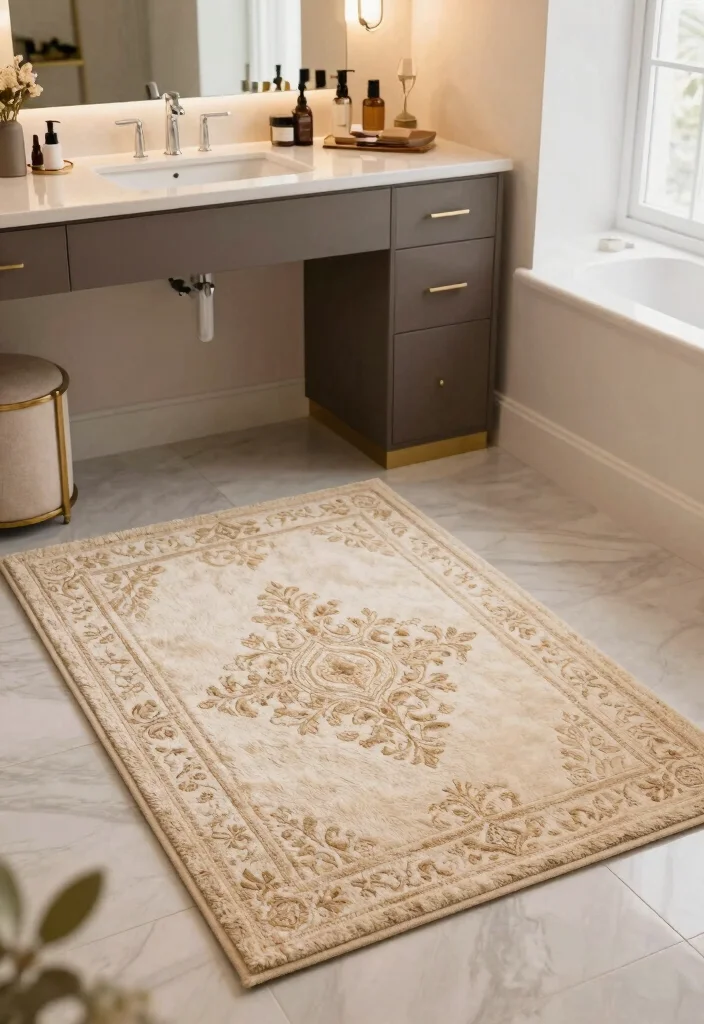 14 Master Bath Makeup Vanity Ideas for Luxury Daily Routines 12. Elegant Rugs Underfoot 0 1