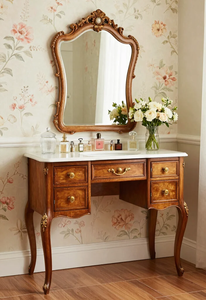 14 Master Bath Makeup Vanity Ideas for Luxury Daily Routines 2. Sleek Vintage Vanities 0 1