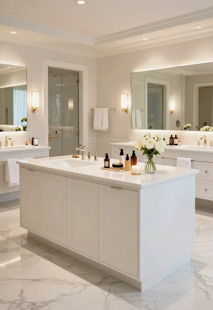 14 Master Bath Makeup Vanity Ideas for Luxury Daily Routines 3. Multi Functional Islands 0 1