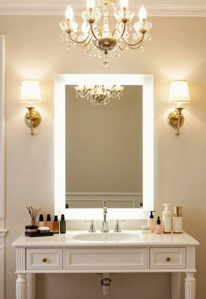 14 Master Bath Makeup Vanity Ideas for Luxury Daily Routines 6. Luxurious Lighting Fixtures 0 1