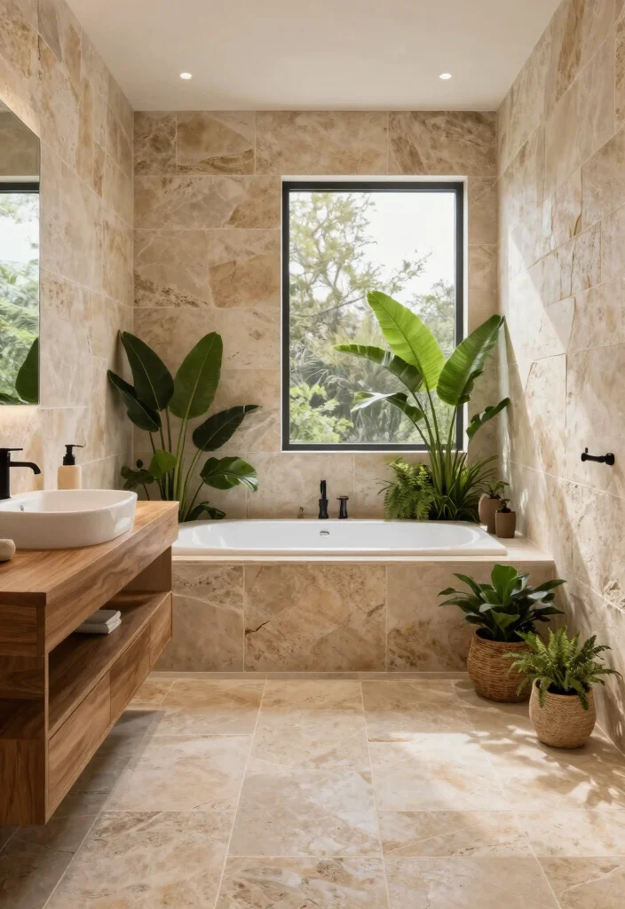 14 Modern Bathroom Tile Design Ideas for a Clean High End Look 4. Biophilic Design with Natural Stone 0
