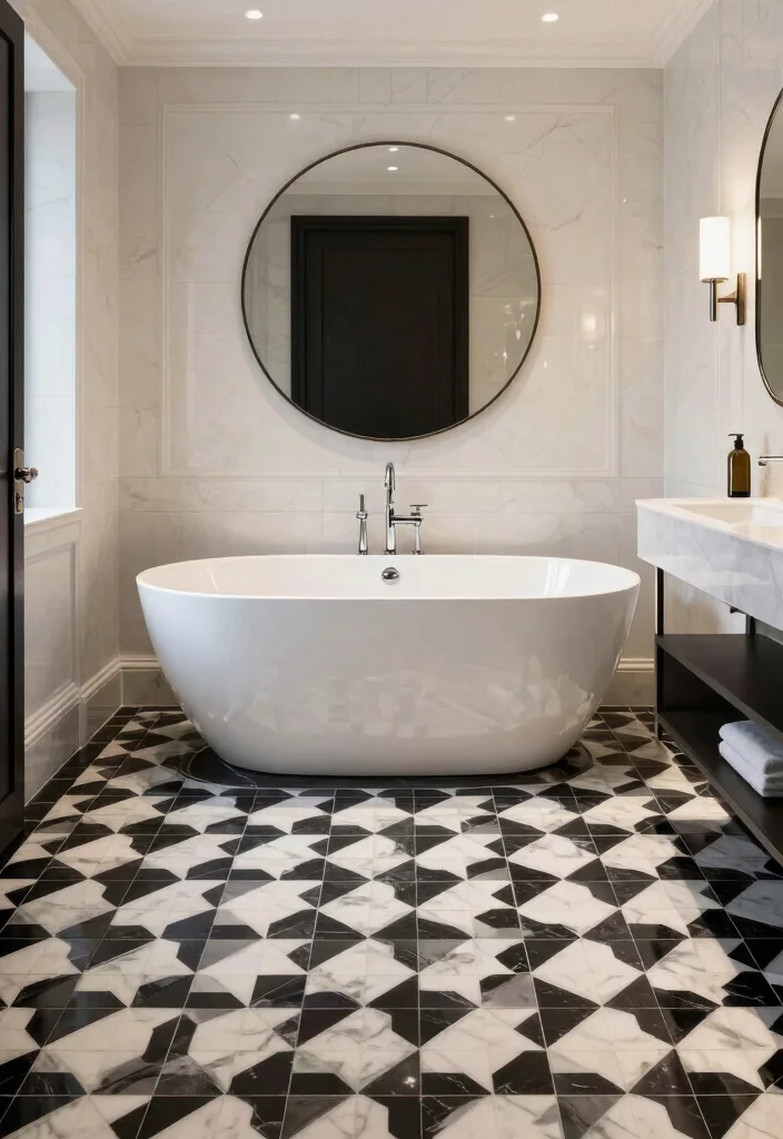 14 Modern Bathroom Tile Design Ideas for a Clean High End Look 7. Black and White Chic 0
