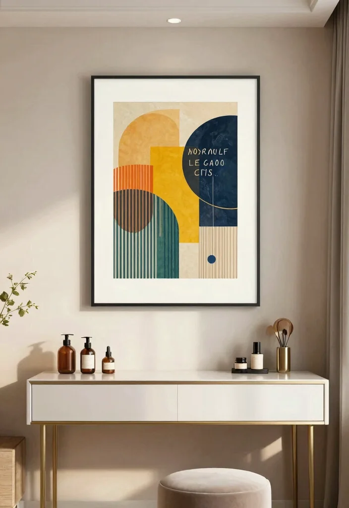 14 Modern Luxury Bedroom Vanity Ideas with Elegant Design 11. Chic Wall Art Above the Vanity 0