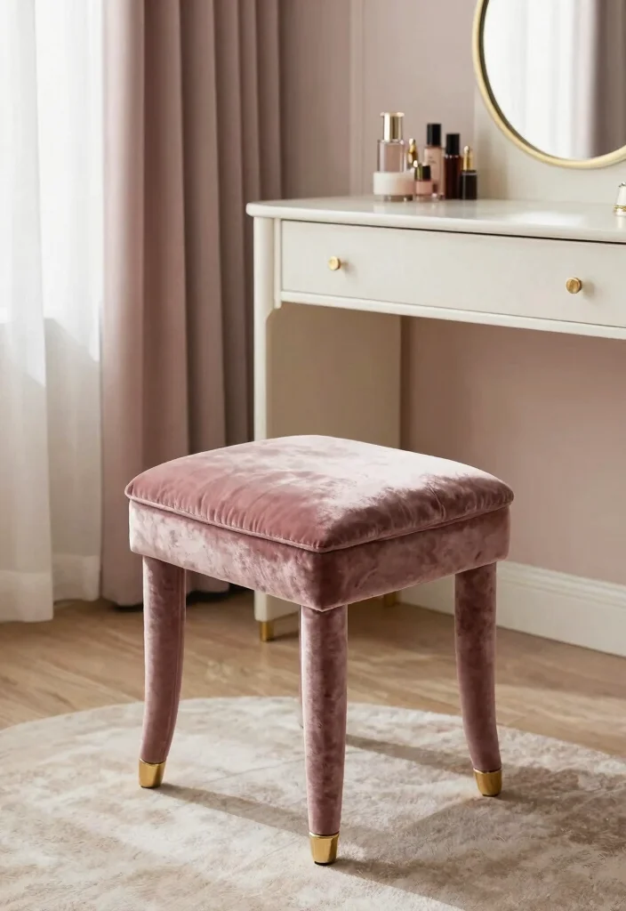 14 Modern Luxury Bedroom Vanity Ideas with Elegant Design 4. Luxurious Upholstered Vanity Stool 0